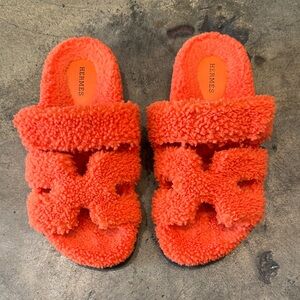 Hermes Orange Fuzzy Sandals